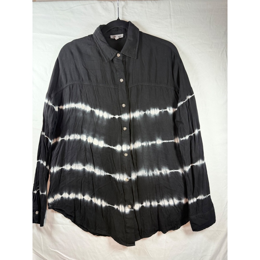 White Birch Womens Tie Dye Button Down Shirt Black White Rayon Long Sleeve S